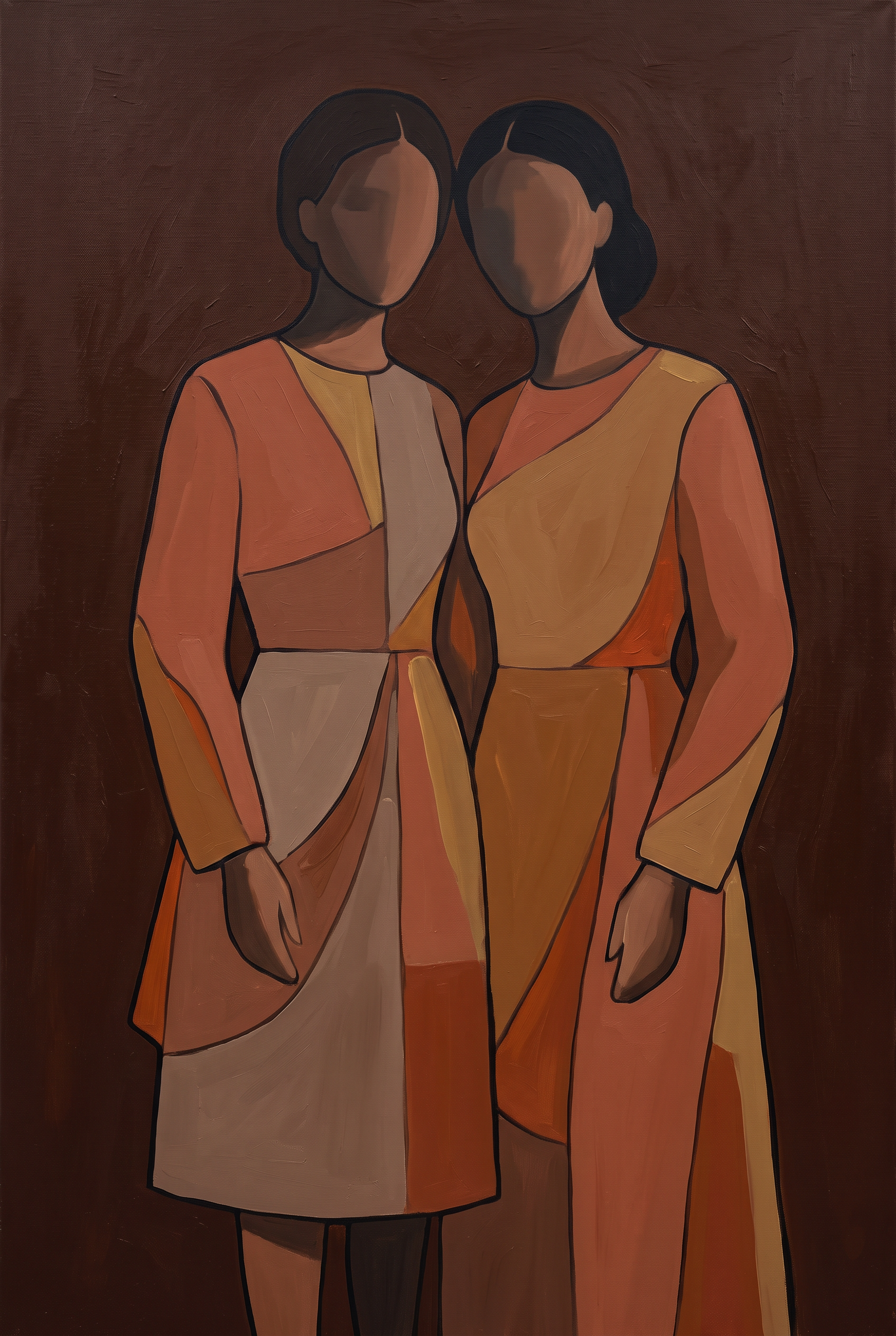 Two Sisters - geometrisch dubbelportret twee vrouwen wanddecoratie
