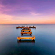 Décoration murale Wandkraft : Vestiges rouillés d'un ponton dans une eau bleue calme au coucher du soleil, ambiance sereine, œuvre murale nature de Wandkraft. pour un intérieur élégant