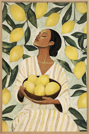 Décoration murale Wandkraft : Décoration murale moderne avec une femme en robe rayée, des citrons et des éléments botaniques dans un style frais et coloré. pour un intérieur élégant