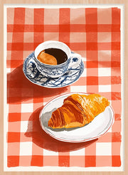 Décoration murale Wandkraft : tasse de café noir et croissant dans des assiettes sur une nappe à carreaux rouges, décoration murale Wandkraft pleine d'atmosphère. Pour un intérieur élégant