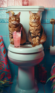 Décoration murale Wandkraft : deux chats tigrés sur des toilettes bleues dans une scène colorée, décoration murale féline joyeuse de style artistique moderne. Pour un intérieur élégant