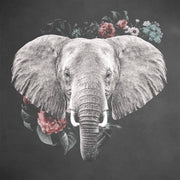 Décoration murale Wandkraft : décoration murale avec un éléphant gris aux grandes oreilles, entouré de fleurs colorées sur fond sombre. Pour un intérieur élégant