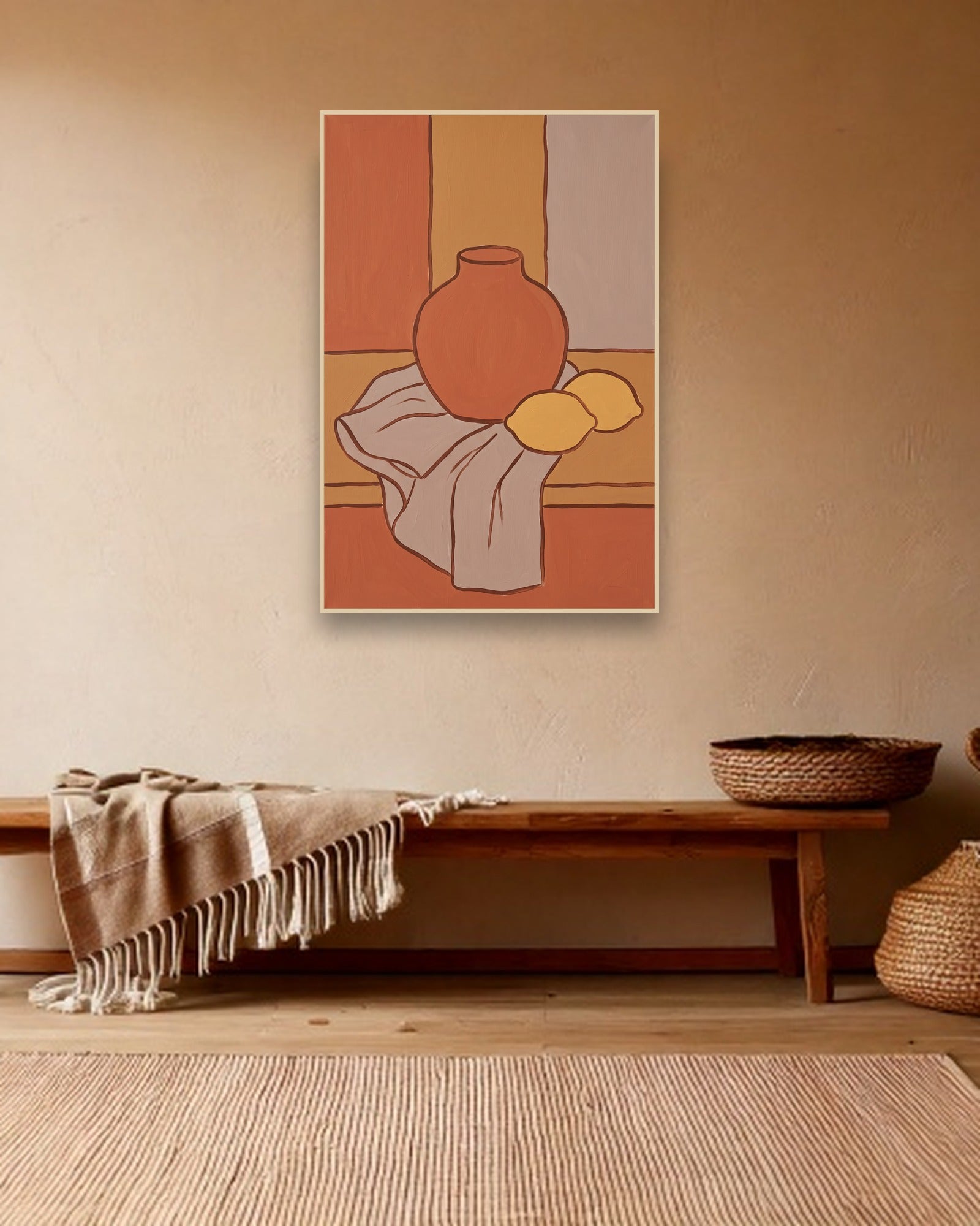 Vase and Citrus ambiance avec cadre en bois clair dans un intérieur bohème