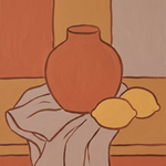 Vase and Citrus - grafisch stilleven terracotta vaas met citroenen wanddecoratie