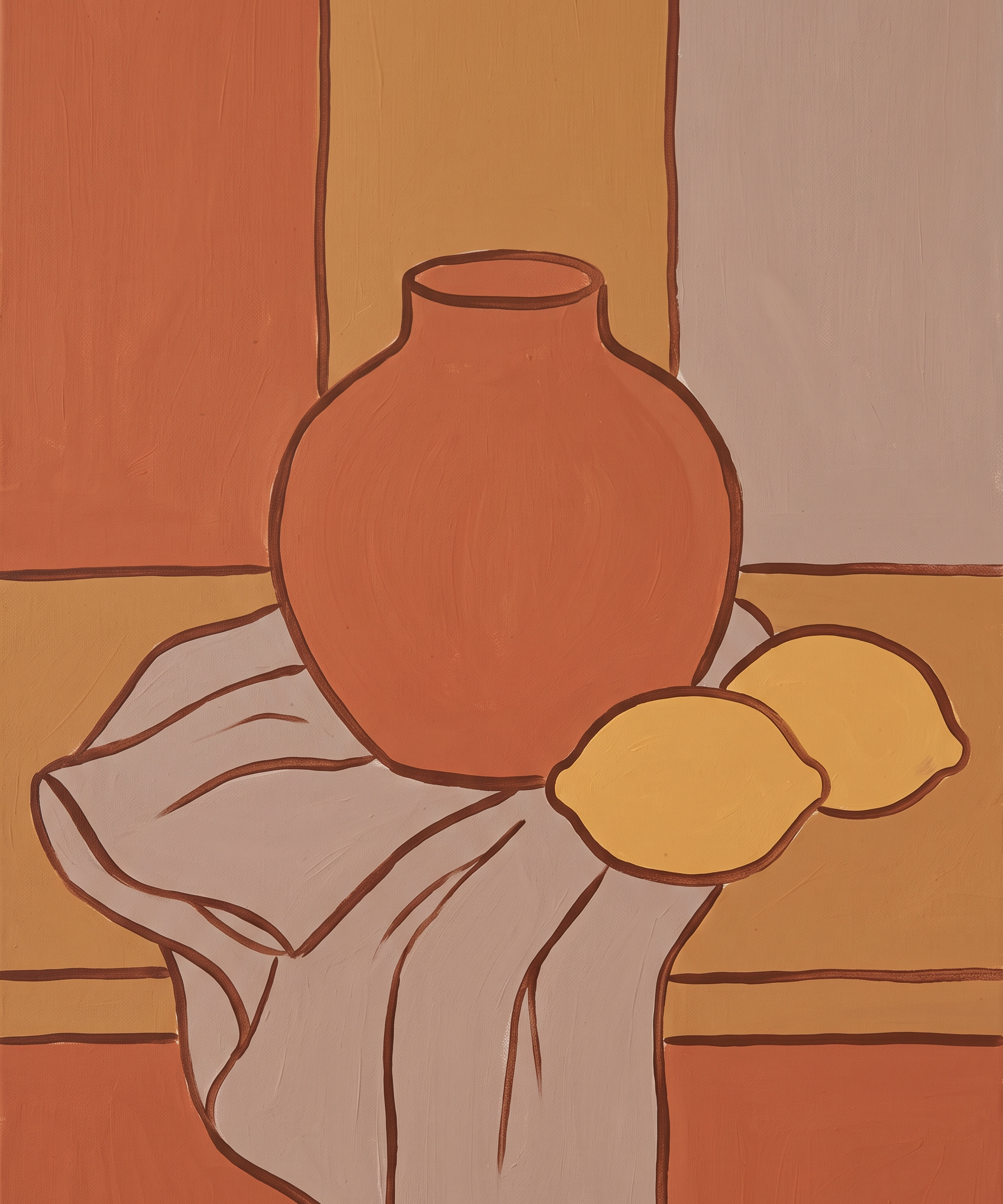 Vase and Citrus - grafisch stilleven terracotta vaas met citroenen wanddecoratie