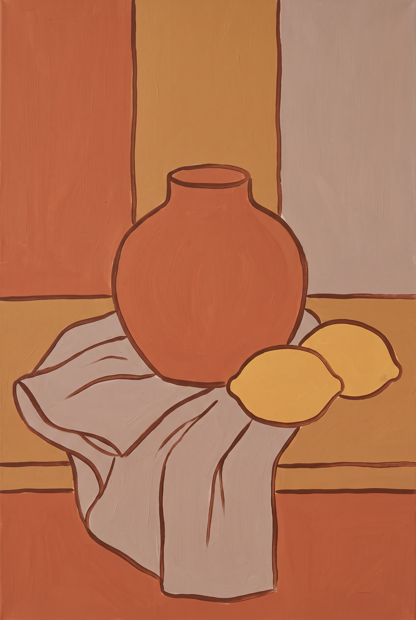 Vase and Citrus - grafisch stilleven terracotta vaas met citroenen wanddecoratie