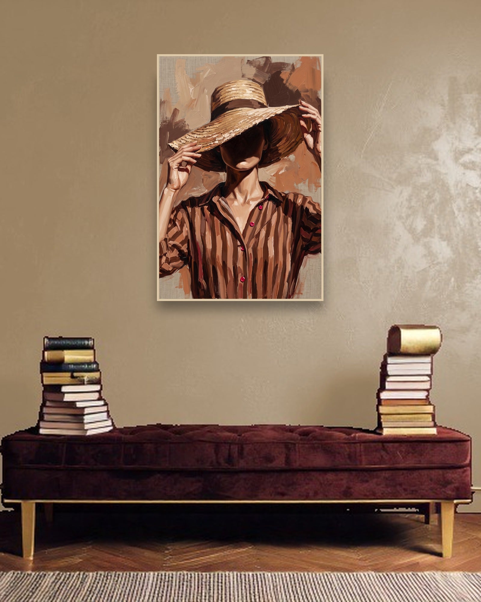 Veiled in Straw ambiance avec cadre en bois clair dans un intérieur de luxe moderne