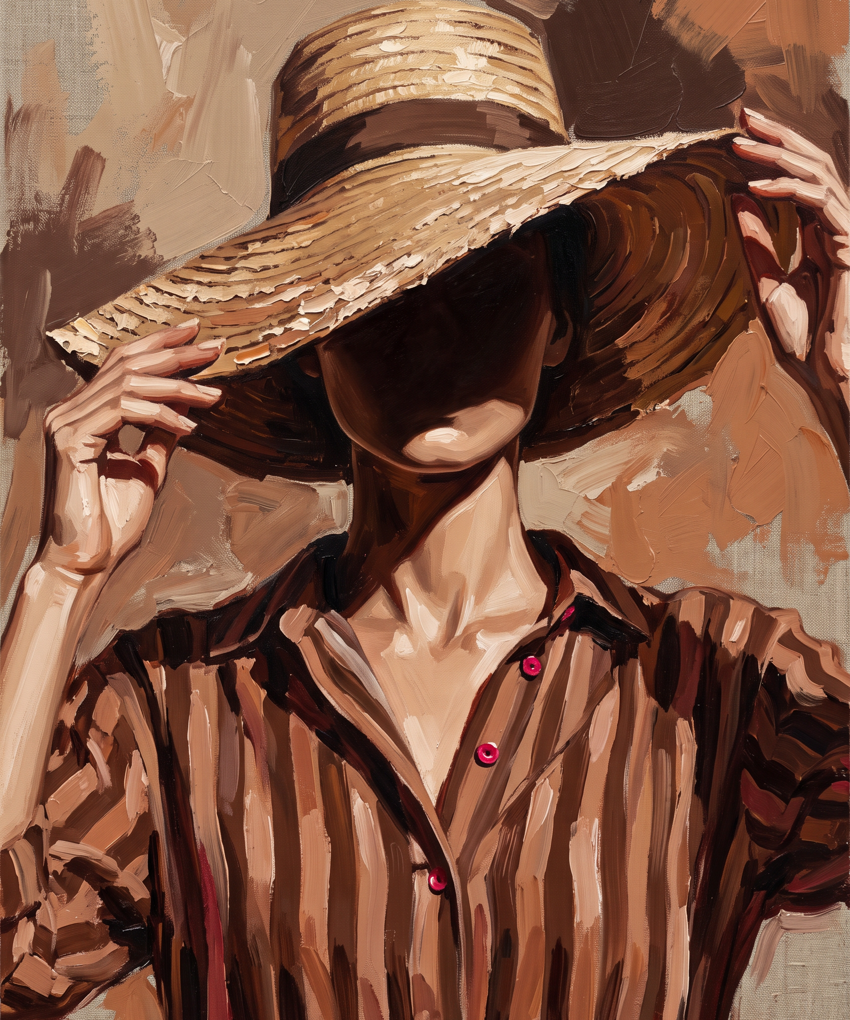Veiled in Straw - vrouw met strooien hoed portret, Wandkraft