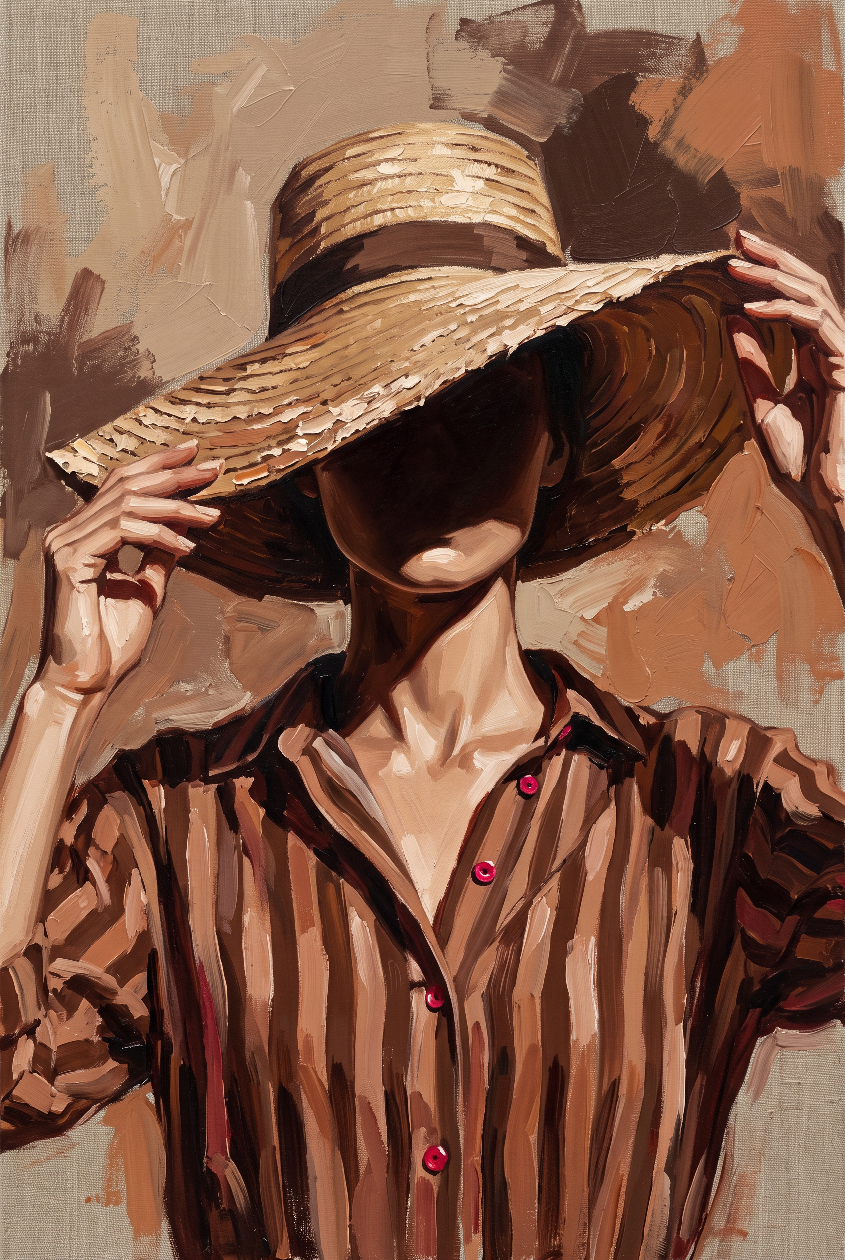 Veiled in Straw - vrouw met strooien hoed portret, Wandkraft