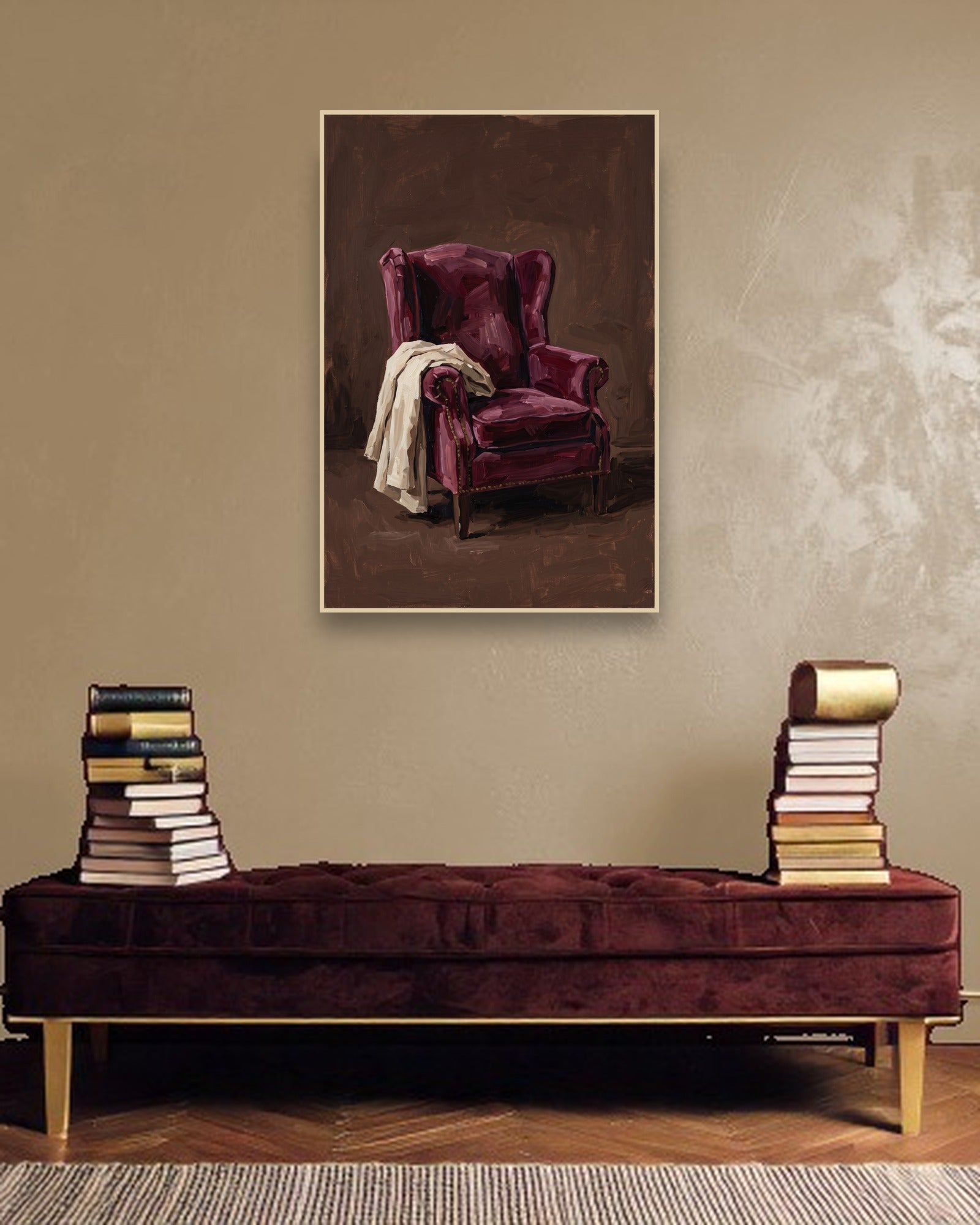 Velvet Repose ambiance avec cadre en bois clair dans un intérieur de luxe moderne