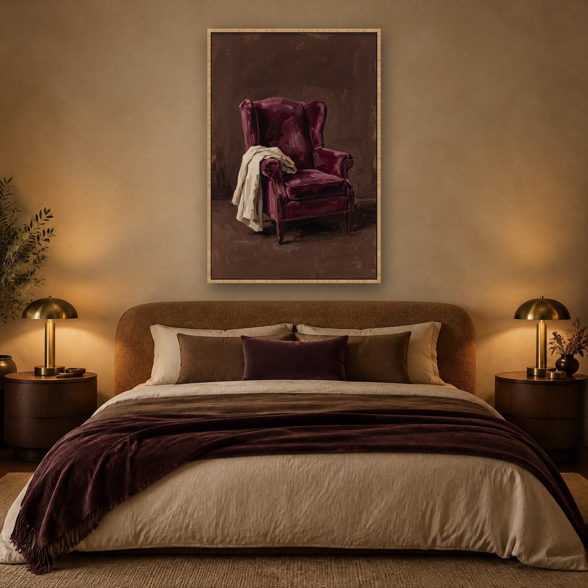 Velvet Repose sfeerbeeld met baklijst in naturel hout in een warme slaapkamer