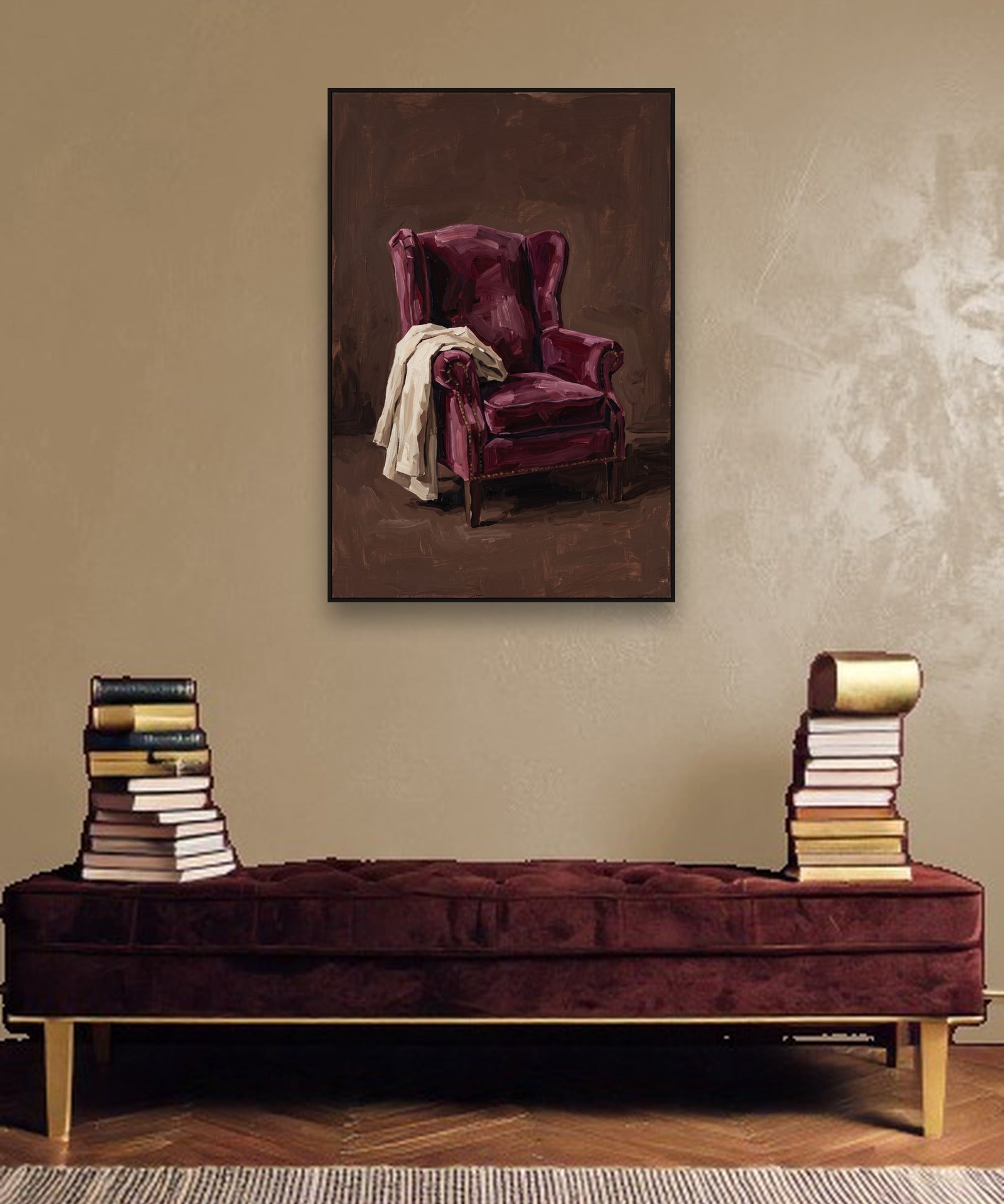Velvet Repose ambiance avec cadre caisse noir dans un intérieur de luxe moderne