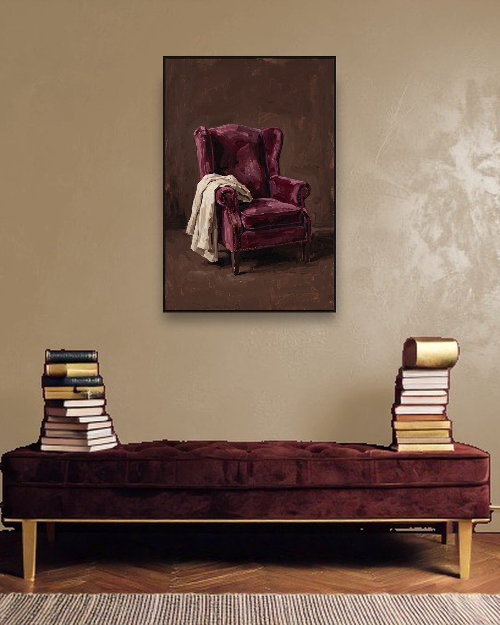 Velvet Repose ambiance avec cadre caisse noir dans un intérieur de luxe moderne
