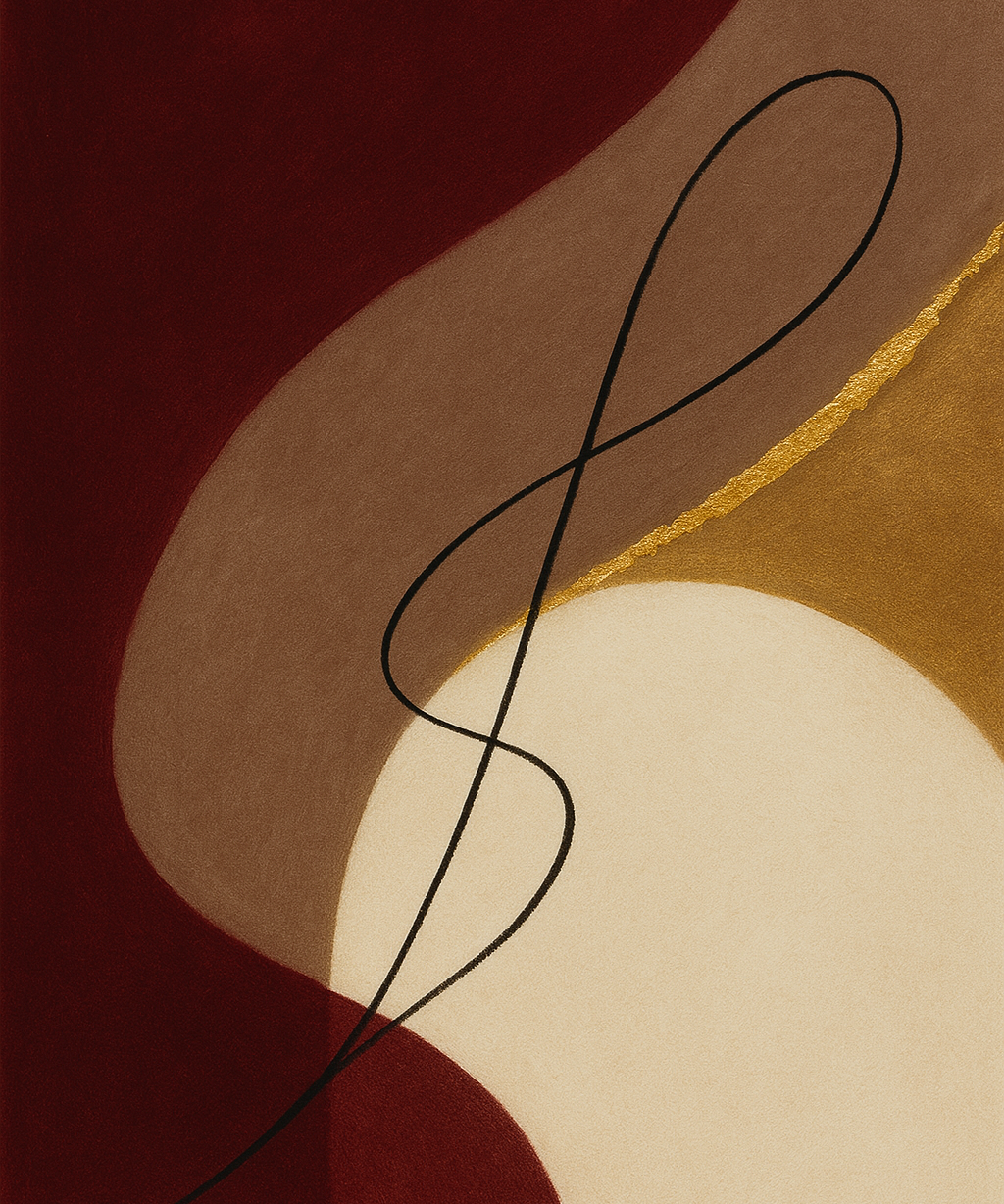 Velvet Silence wanddecoratie van Wandkraft: een abstracte compositie van zachte overlappende vlakken en een enkele vloeiende lijn, in diep bordeaux, warm taupe, gebroken ivoor en fine-art goud.