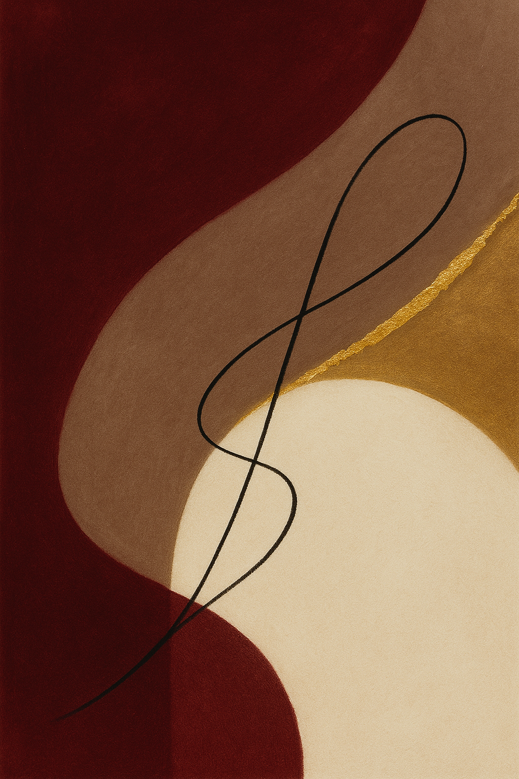 Velvet Silence wanddecoratie van Wandkraft: een abstracte compositie van zachte overlappende vlakken en een enkele vloeiende lijn, in diep bordeaux, warm taupe, gebroken ivoor en fine-art goud.