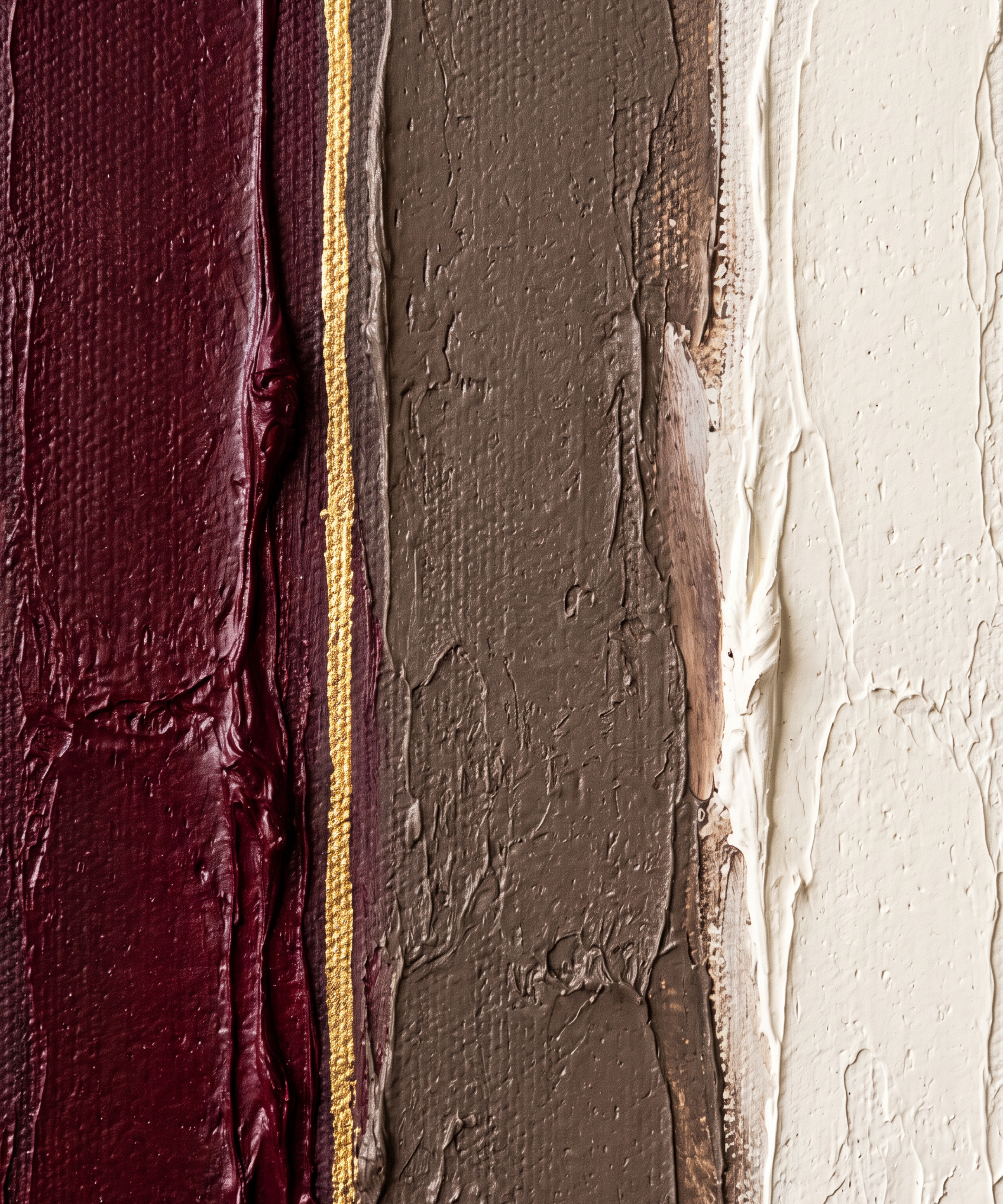 Velvet Silence wanddecoratie van Wandkraft: drie brede verticale banen in diep bordeaux, warm taupe en gebroken ivoor, met een dunne gouden lijn.