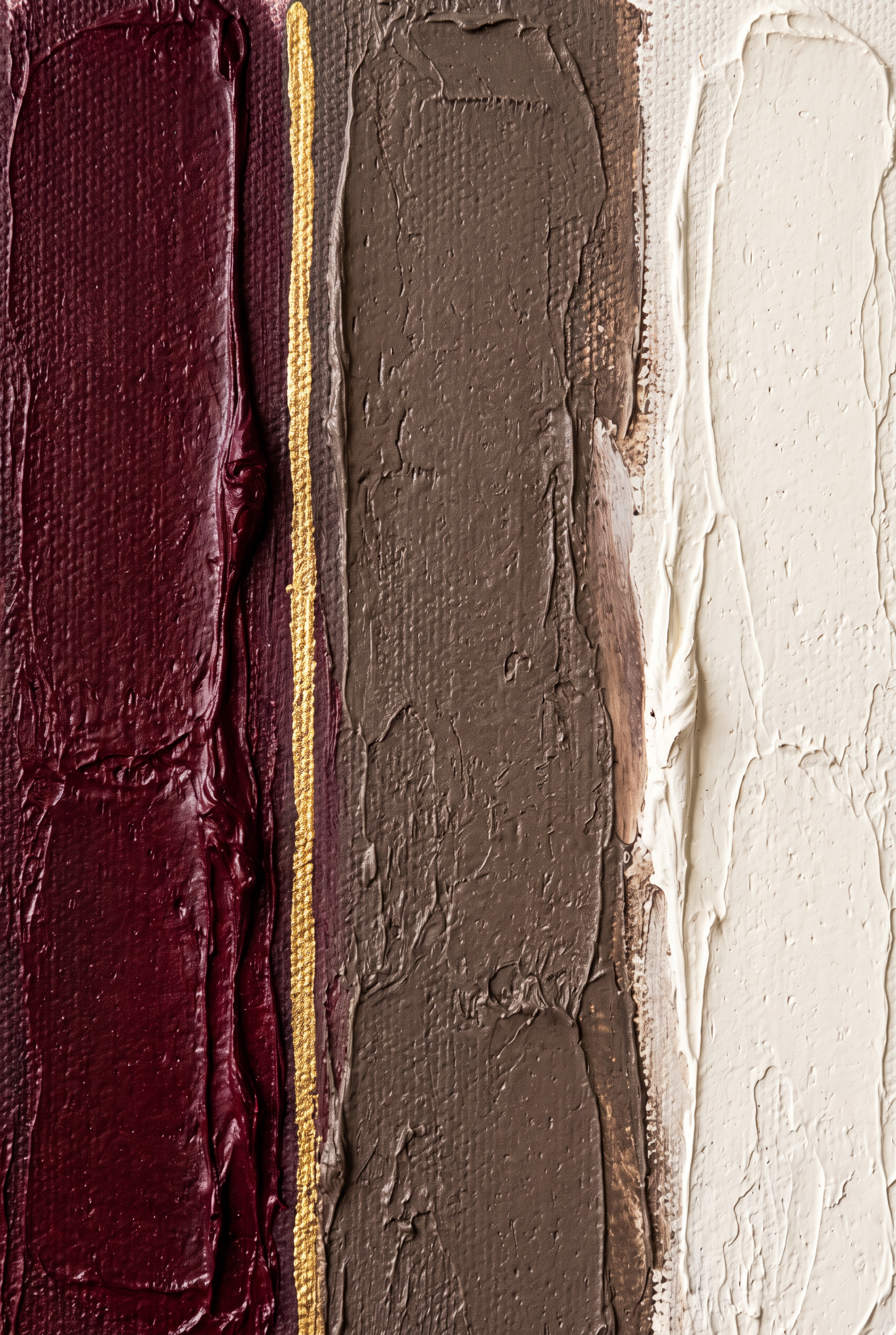 Velvet Silence wanddecoratie van Wandkraft: drie brede verticale banen in diep bordeaux, warm taupe en gebroken ivoor, met een dunne gouden lijn.
