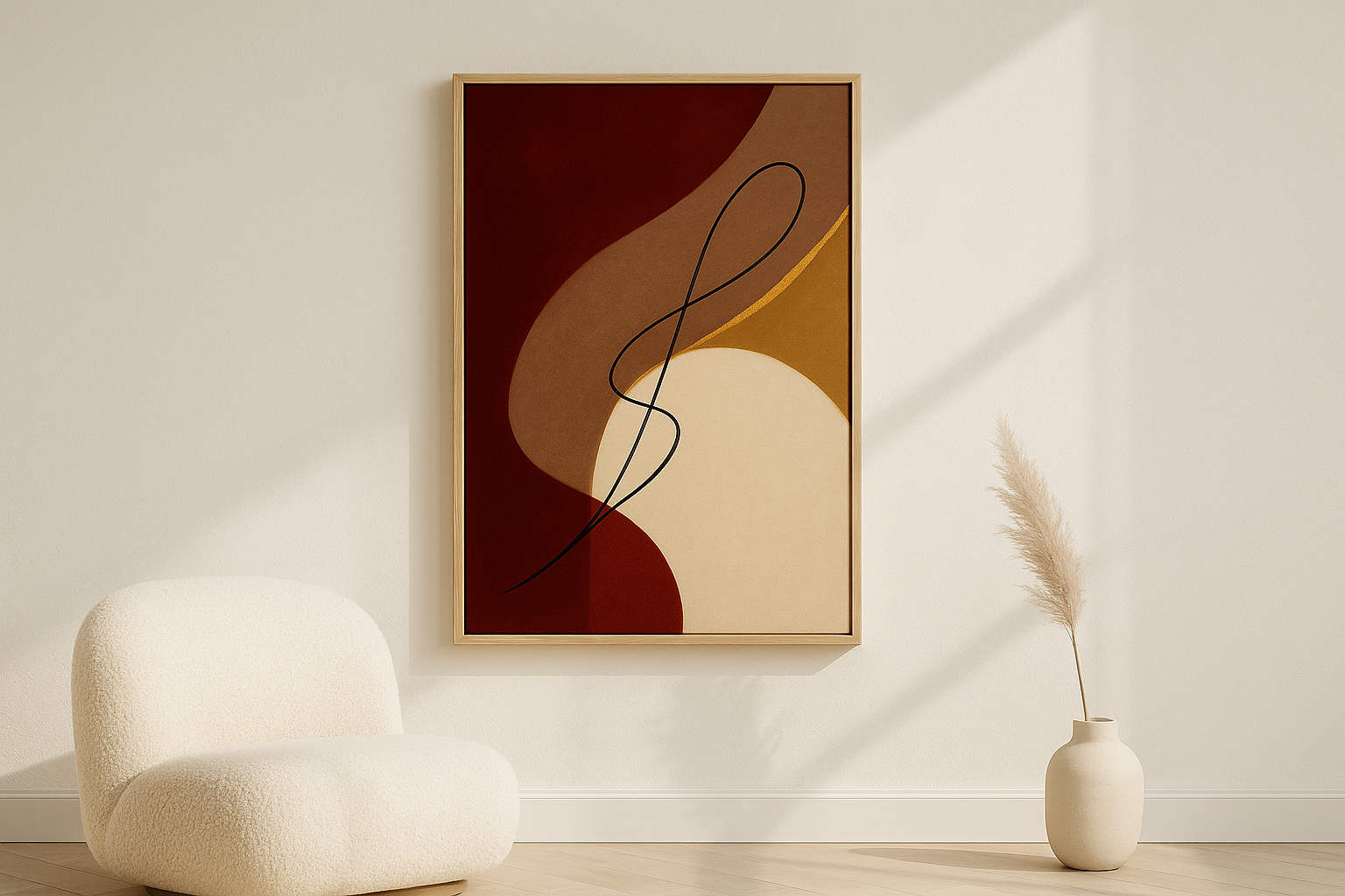 Velvet Silence van Wandkraft op canvas in blanke baklijst, in een licht Scandinavisch interieur.