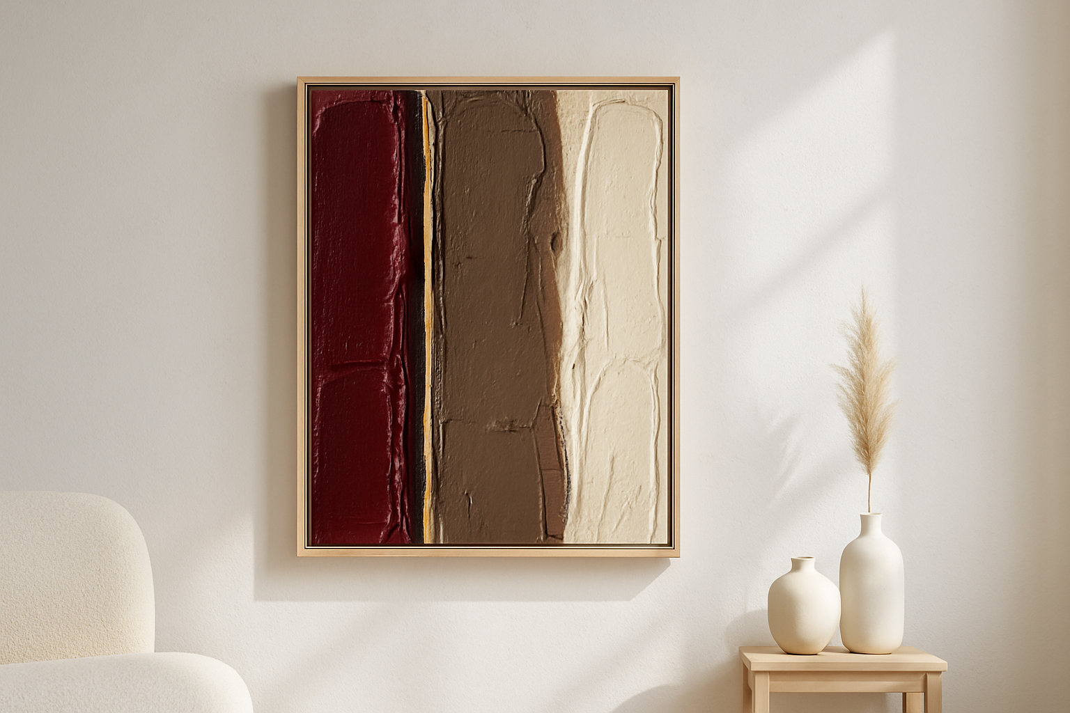 Velvet Silence van Wandkraft op canvas in blanke baklijst, in een licht Scandinavisch interieur.