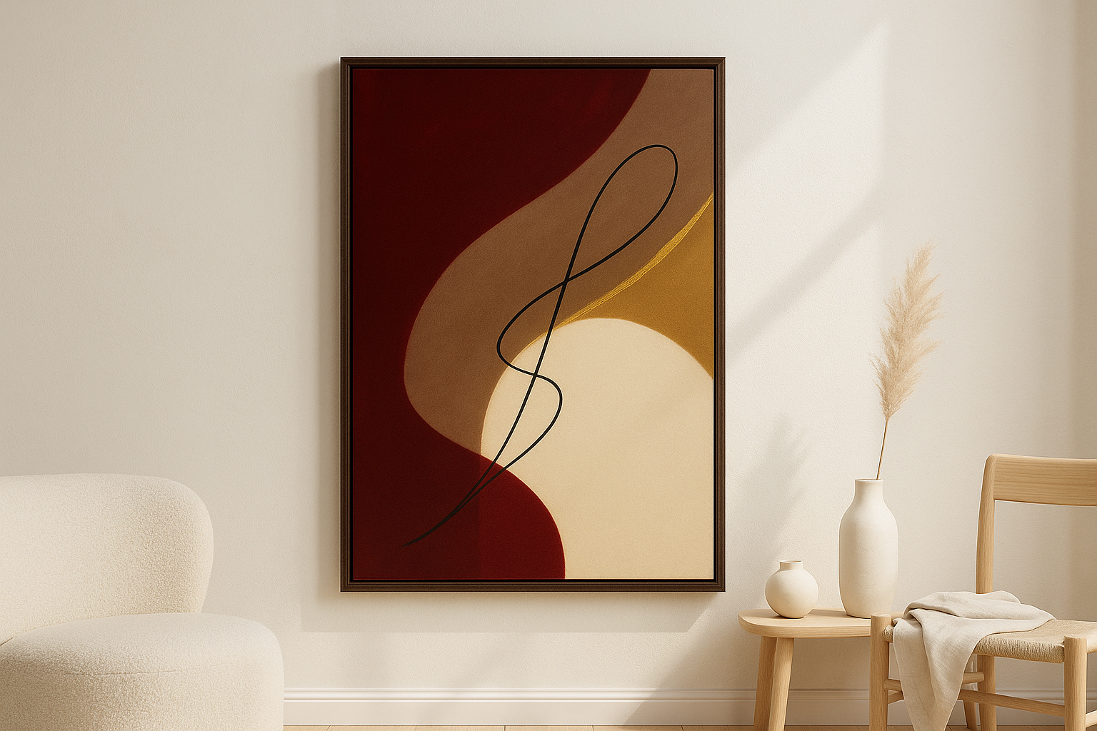 Velvet Silence van Wandkraft op canvas in wenge baklijst, in een licht Scandinavisch interieur.