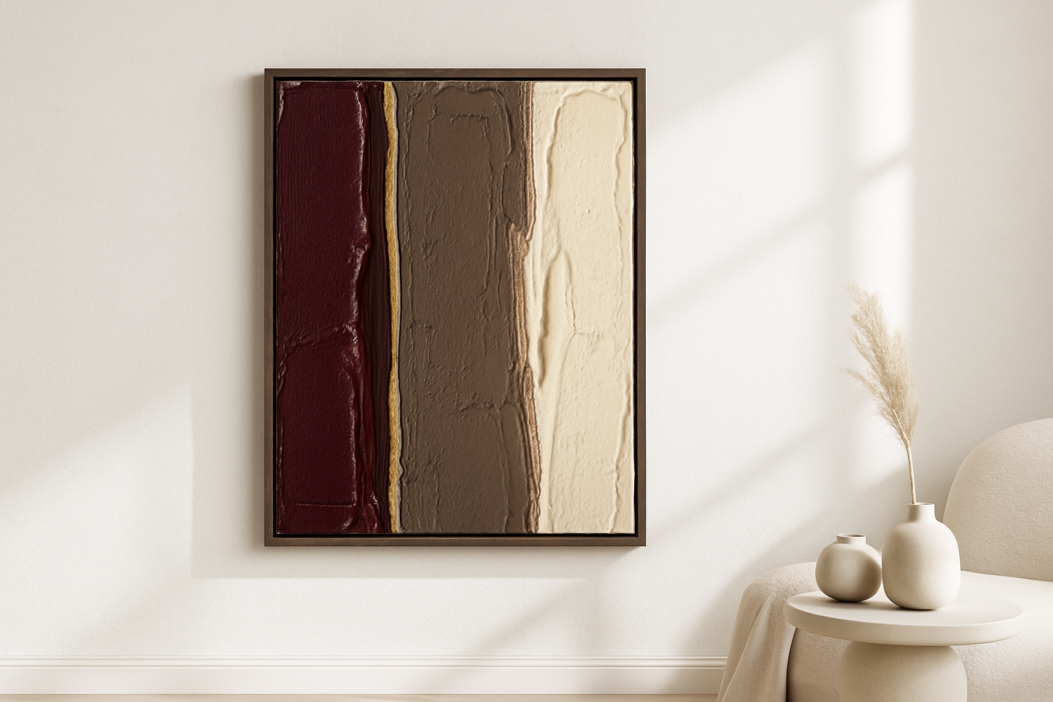 Velvet Silence van Wandkraft op canvas in wenge baklijst, in een licht Scandinavisch interieur.