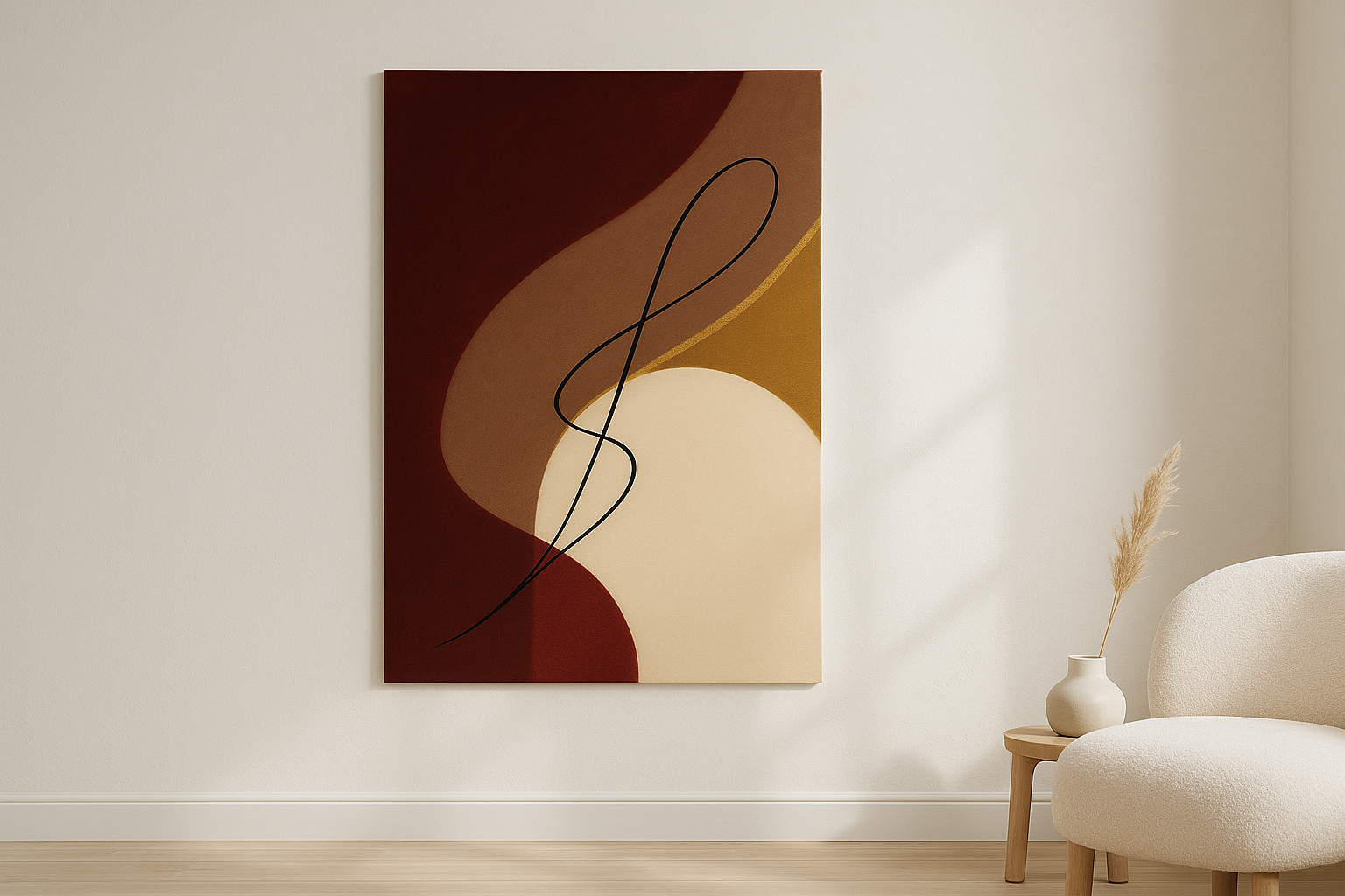 Velvet Silence van Wandkraft op canvas zonder lijst, vlak aan de muur, in een licht Scandinavisch interieur.