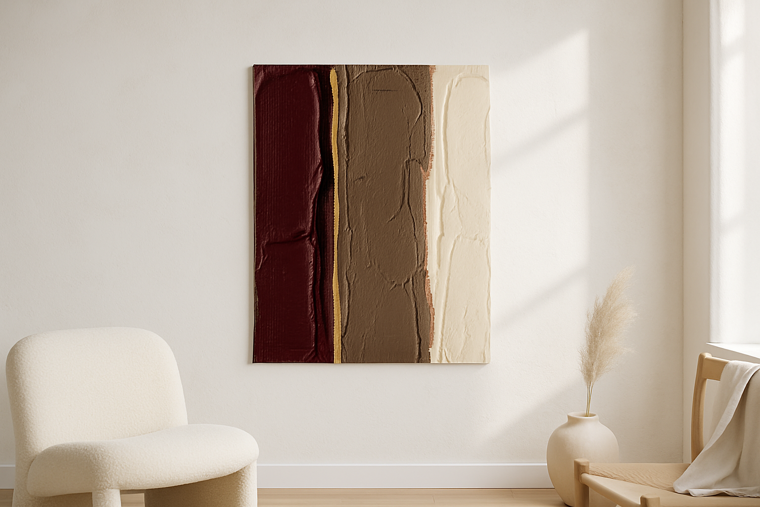 Velvet Silence van Wandkraft op canvas zonder lijst, vlak aan de muur in een licht Scandinavisch interieur.