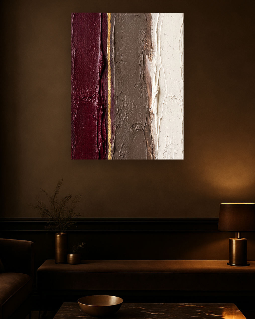 Velvet Silence van Wandkraft op canvas zonder lijst, vlak aan de muur, in een verfijnd dark-luxury interieur.