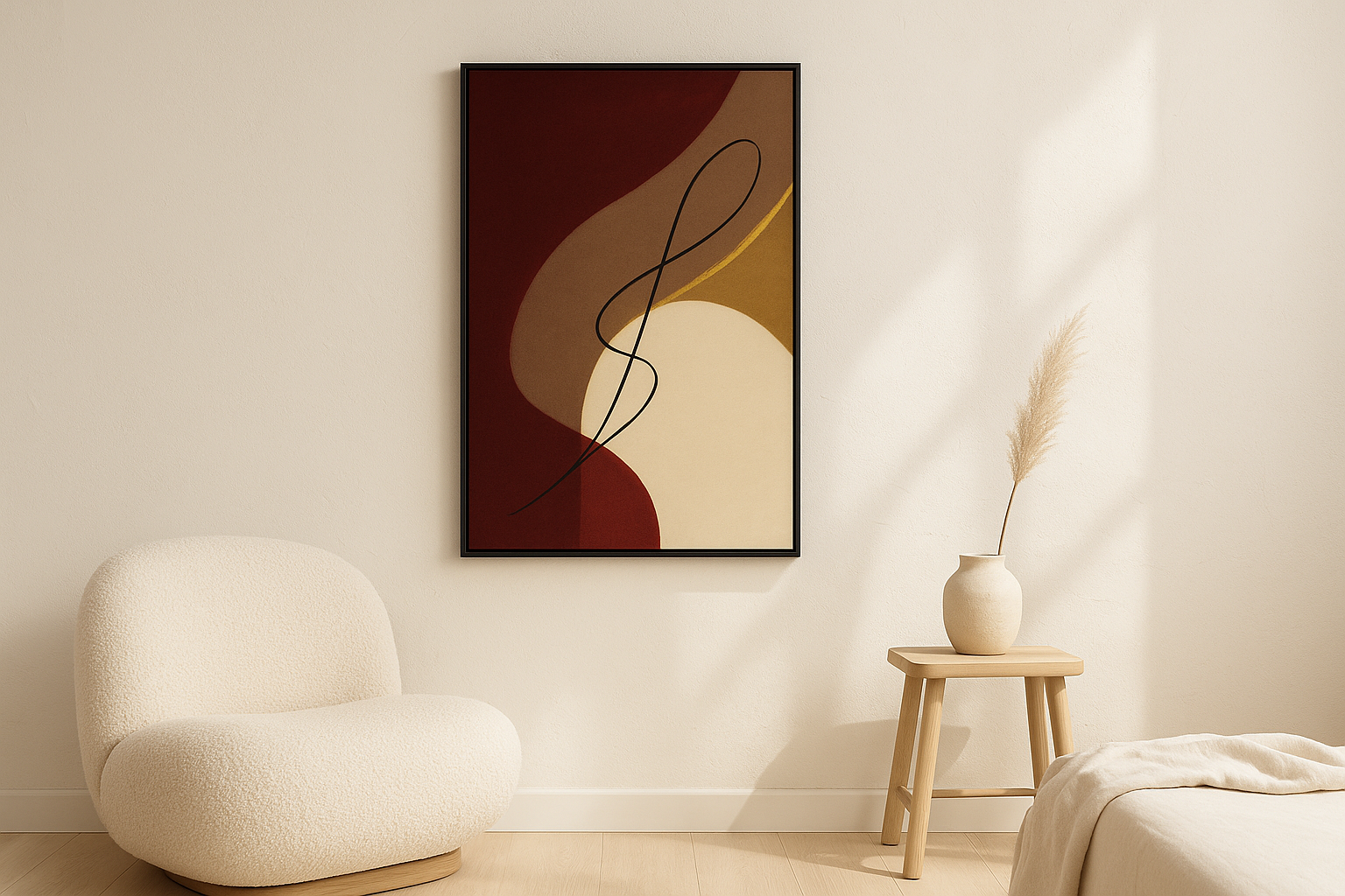 Velvet Silence van Wandkraft op canvas in zwarte baklijst, in een licht Scandinavisch interieur.