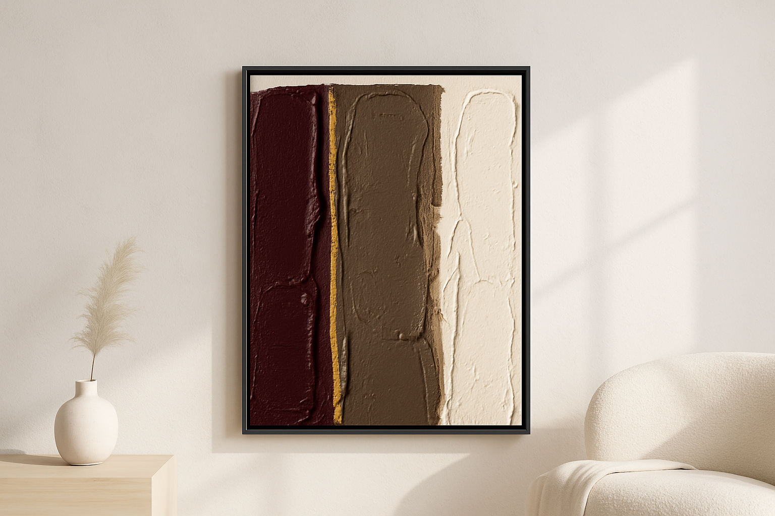 Velvet Silence van Wandkraft op canvas in zwarte baklijst, in een licht Scandinavisch interieur.
