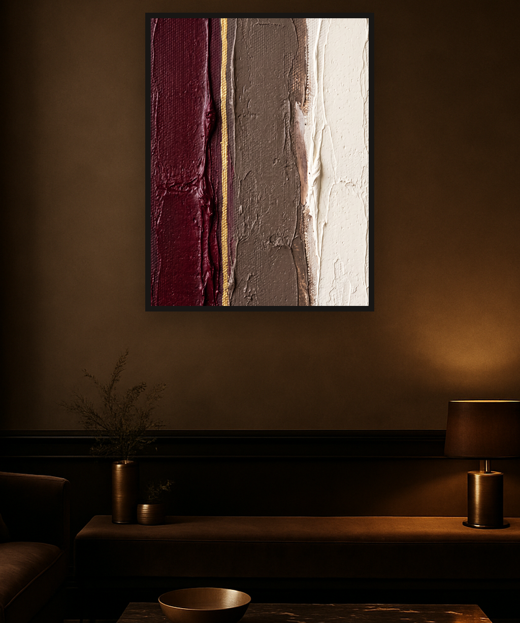 Velvet Silence van Wandkraft op canvas in zwarte baklijst, in een verfijnd dark-luxury interieur.