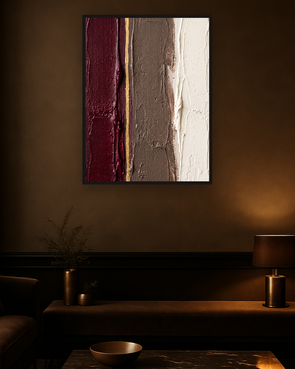 Velvet Silence van Wandkraft op canvas in zwarte baklijst, in een verfijnd dark-luxury interieur.