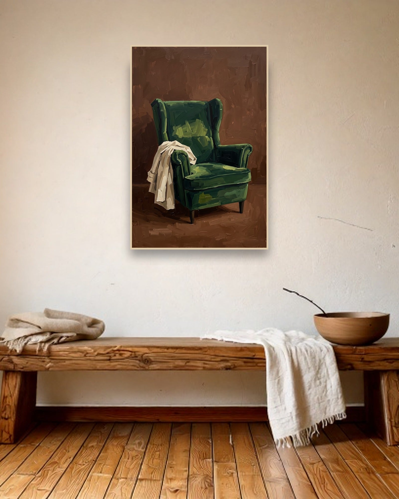 Verdant Repose ambiance avec cadre en bois clair dans un intérieur champêtre