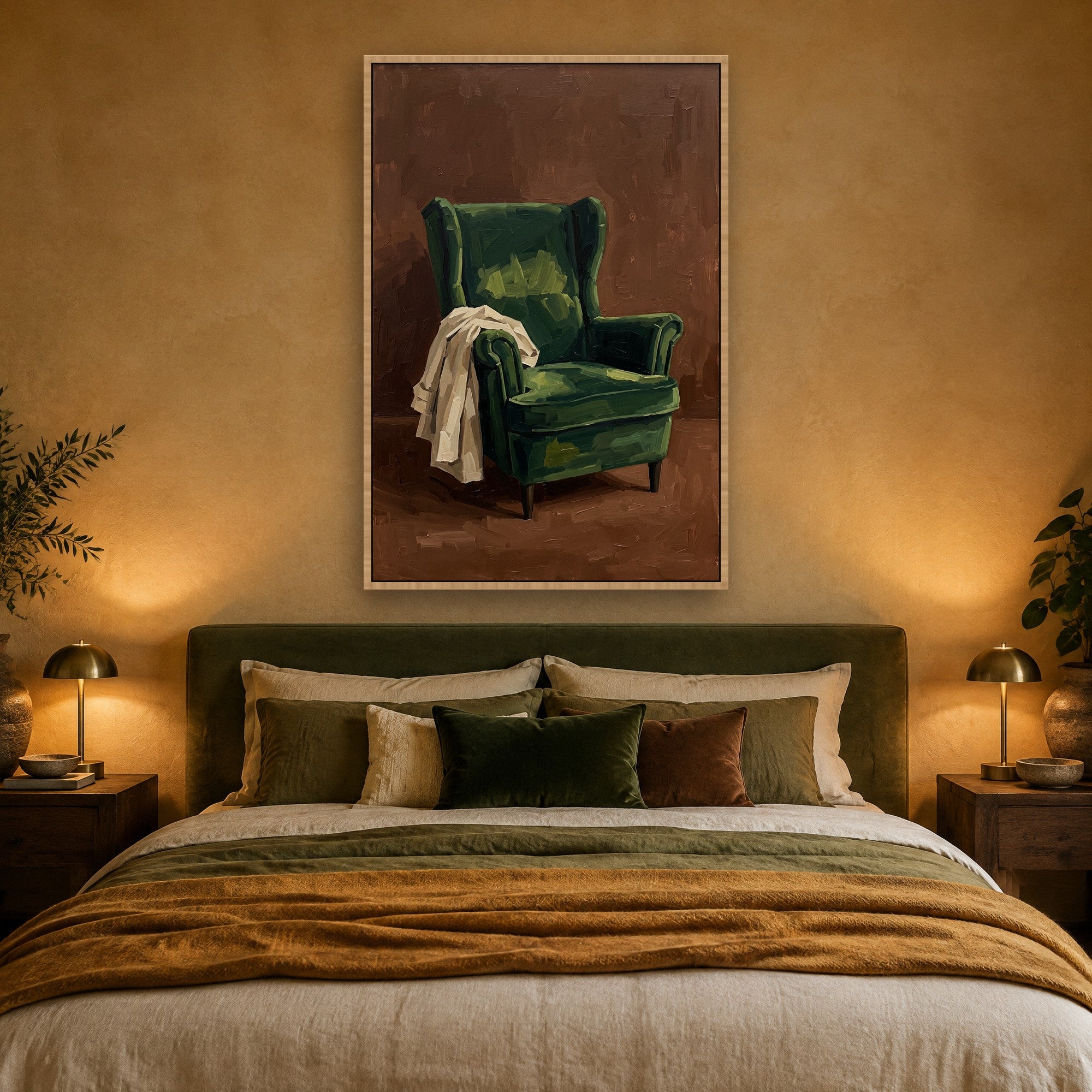 Verdant Repose Stimmungsbild mit Schattenfugenrahmen in Naturholz im natürlichen Schlafzimmer