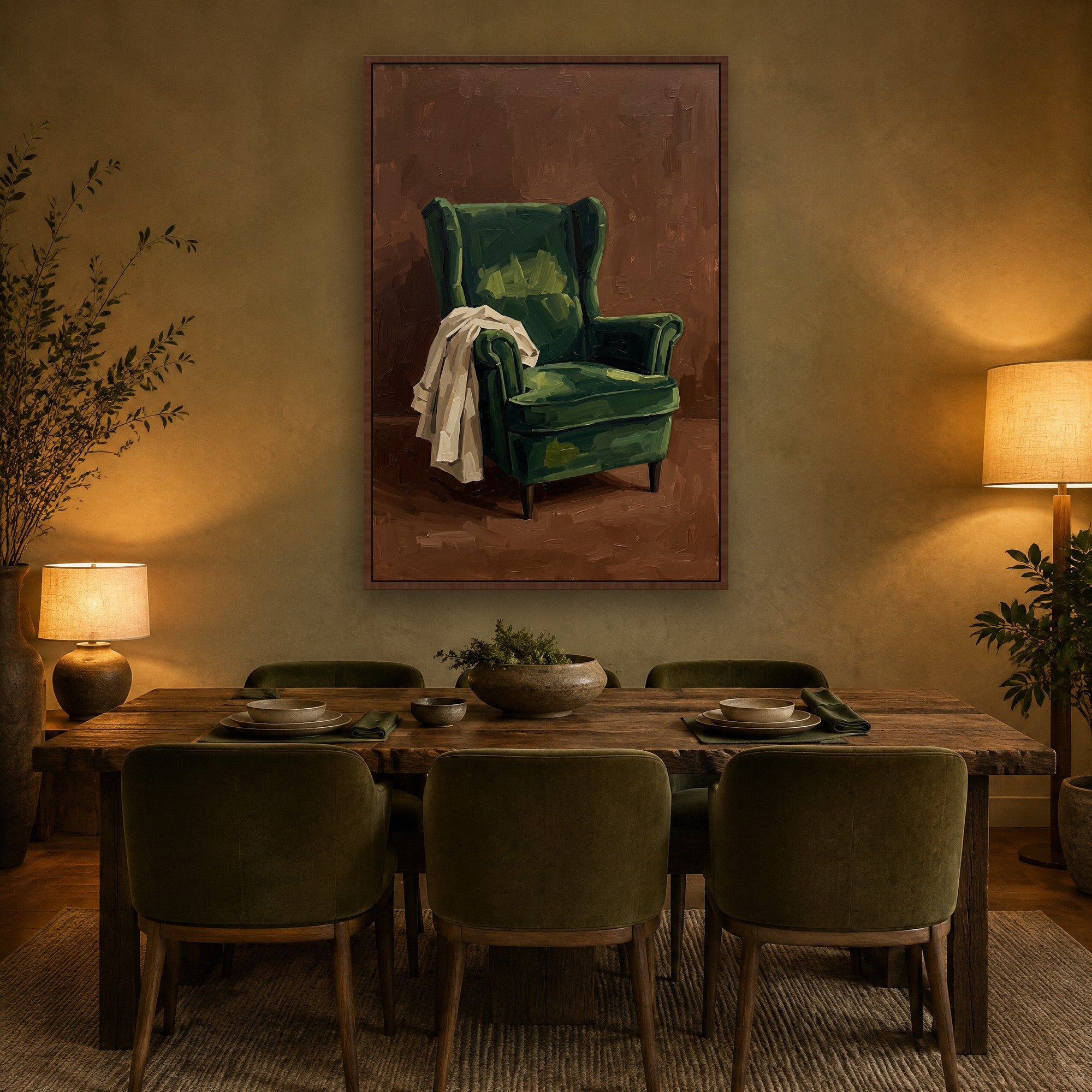 Verdant Repose Stimmungsbild mit kastanienbraunem Schattenfugenrahmen im natürlichen Esszimmer