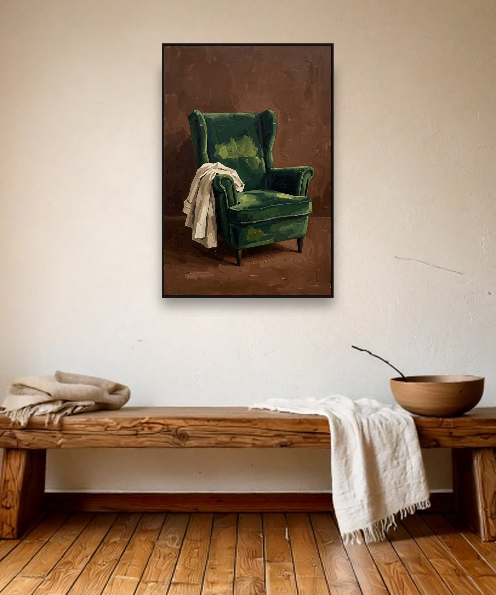 Verdant Repose ambiance avec cadre caisse noir dans un intérieur champêtre