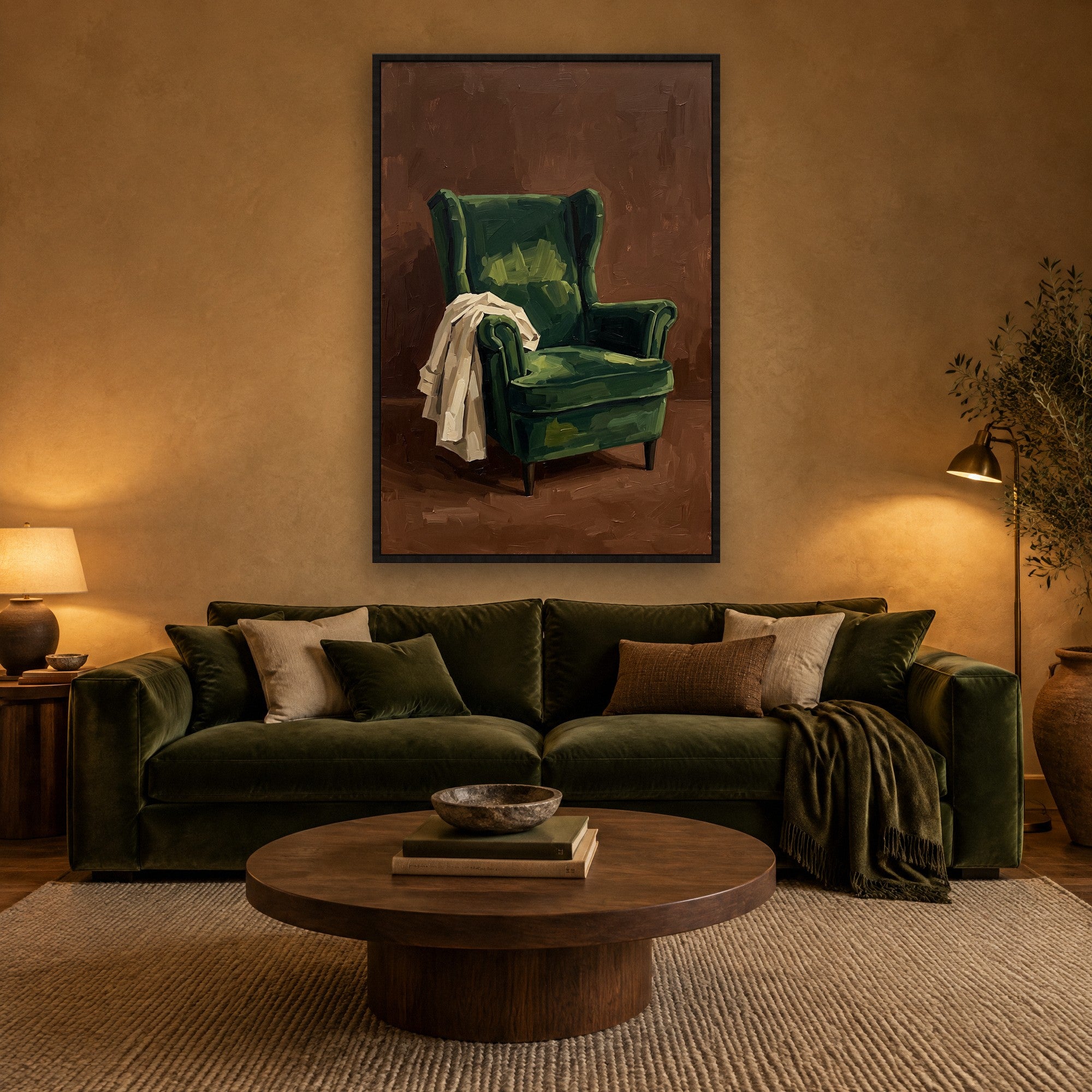 Verdant Repose Stimmungsbild mit schwarzem Schattenfugenrahmen im natürlichen Wohnzimmer