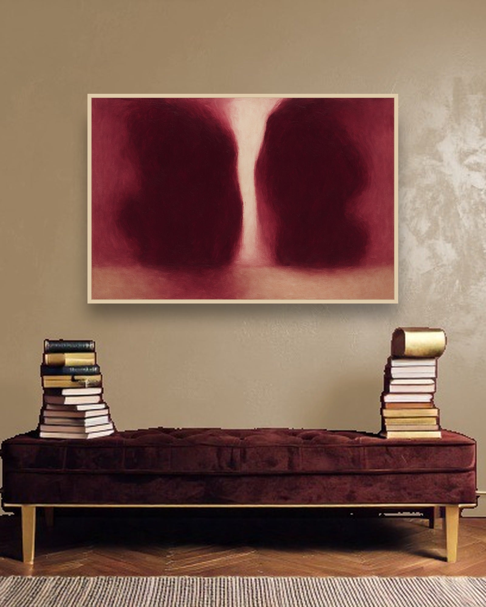 Wine Shadow ambiance avec cadre en bois clair dans un intérieur de luxe moderne