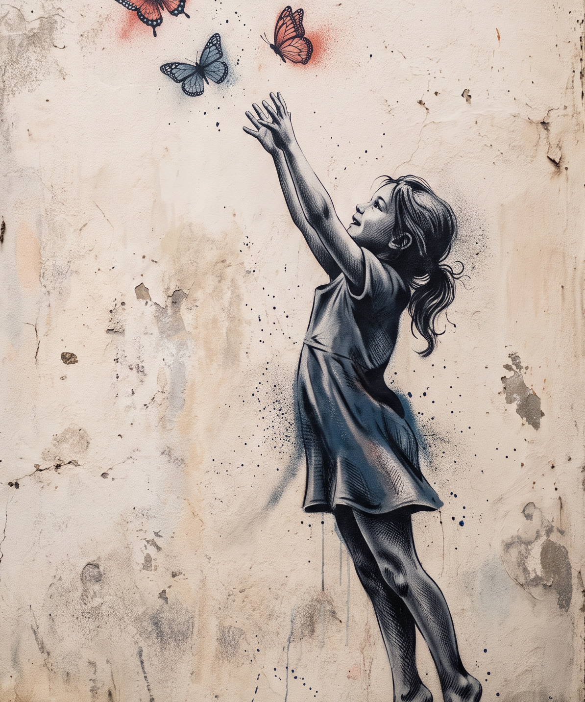 Wings of Wonder - street art schilderij van een meisje dat naar kleurrijke vlinders reikt