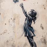 Wings of Wonder - street art schilderij van een meisje dat naar kleurrijke vlinders reikt