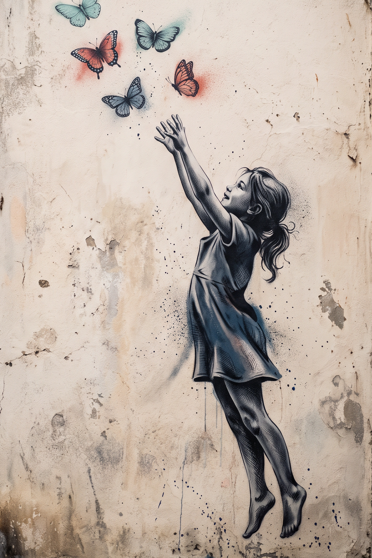 Wings of Wonder - street art schilderij van een meisje dat naar kleurrijke vlinders reikt