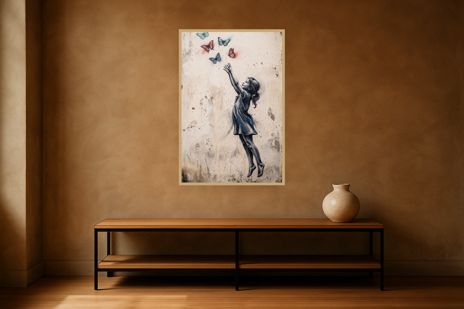 Wings of Wonder van Wandkraft op canvas in blanke baklijst, in een stoere loft.