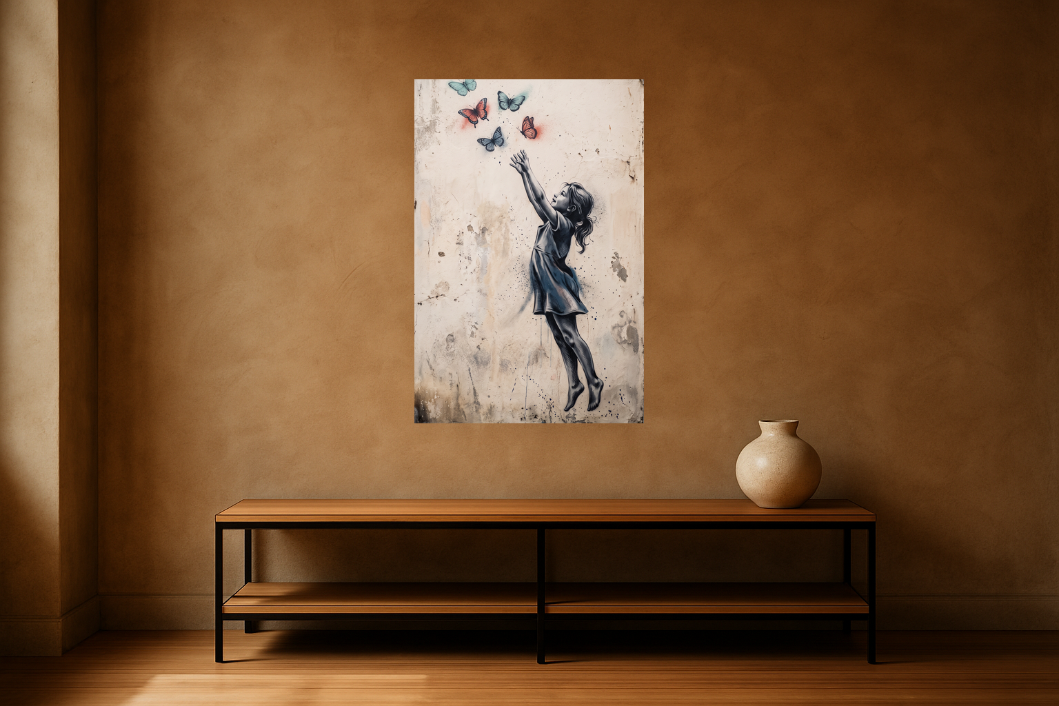 Wings of Wonder van Wandkraft op canvas zonder lijst, vlak aan de muur, in een stoere loft.