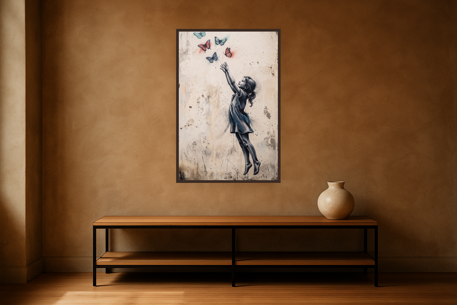 Wings of Wonder van Wandkraft op canvas in wenge baklijst, in een stoere loft.