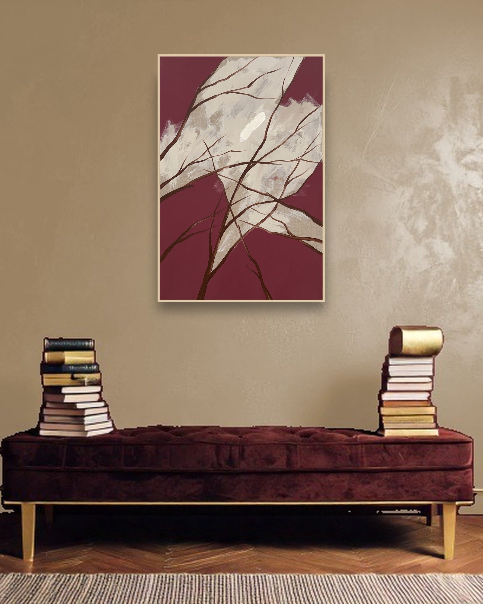 Winter Branches Stimmungsbild mit hellem Holzrahmen im modernen Interieur