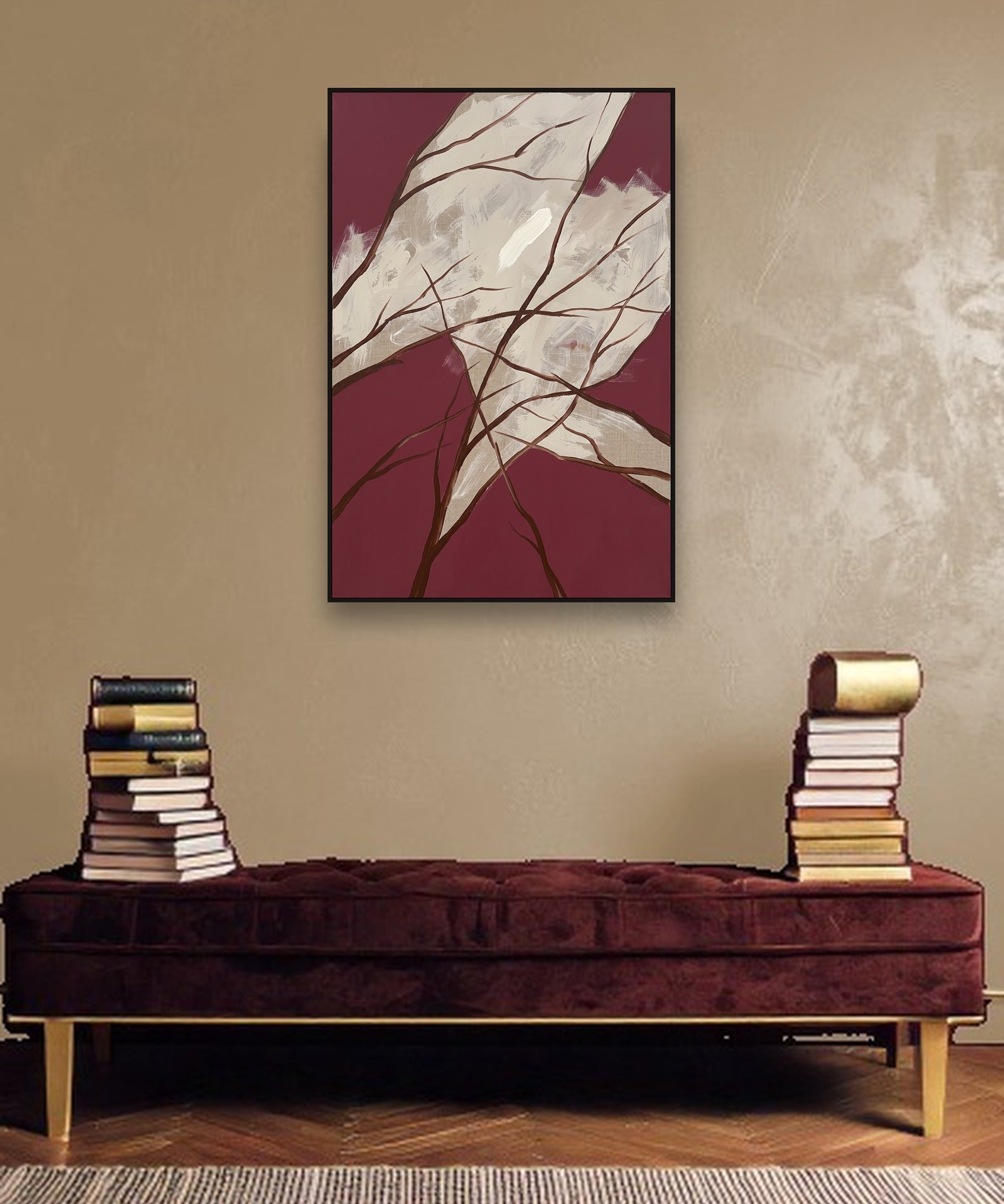 Winter Branches ambiance avec cadre caisse noir dans un intérieur de luxe moderne