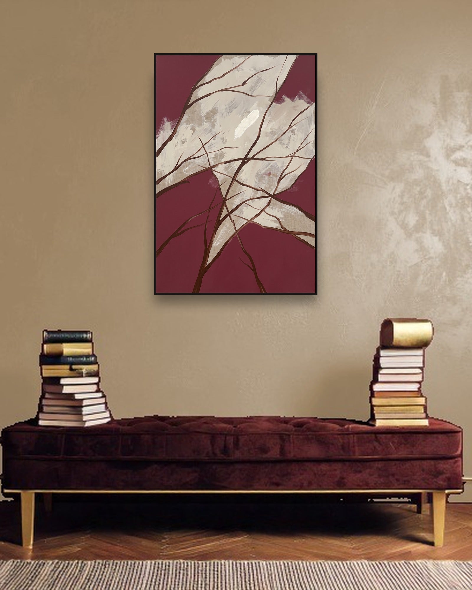 Winter Branches Stimmungsbild mit schwarzem Schattenfugenrahmen im modernen Interieur