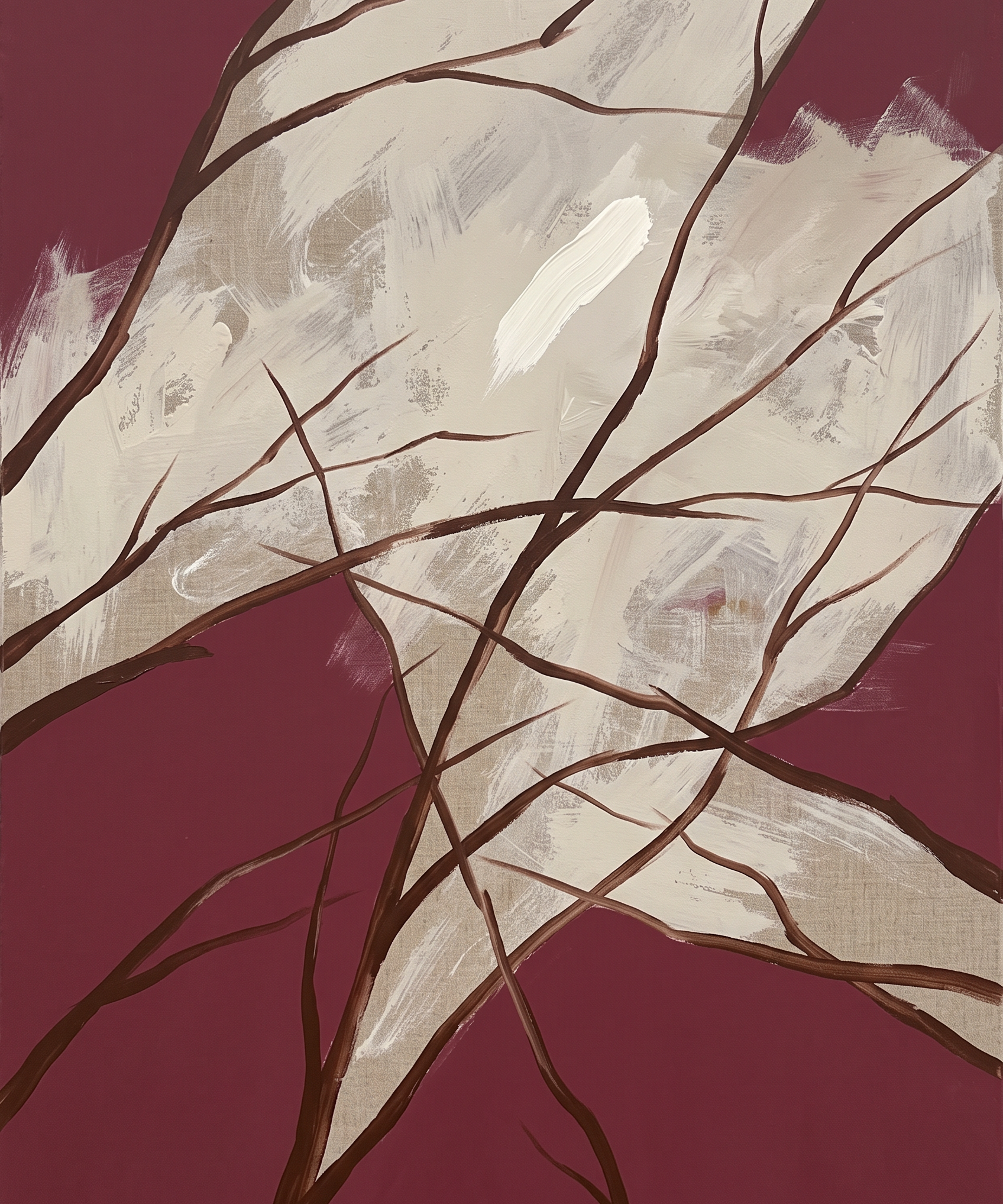 Winter Branches - grafische wintertakken op bordeauxrood, Wandkraft