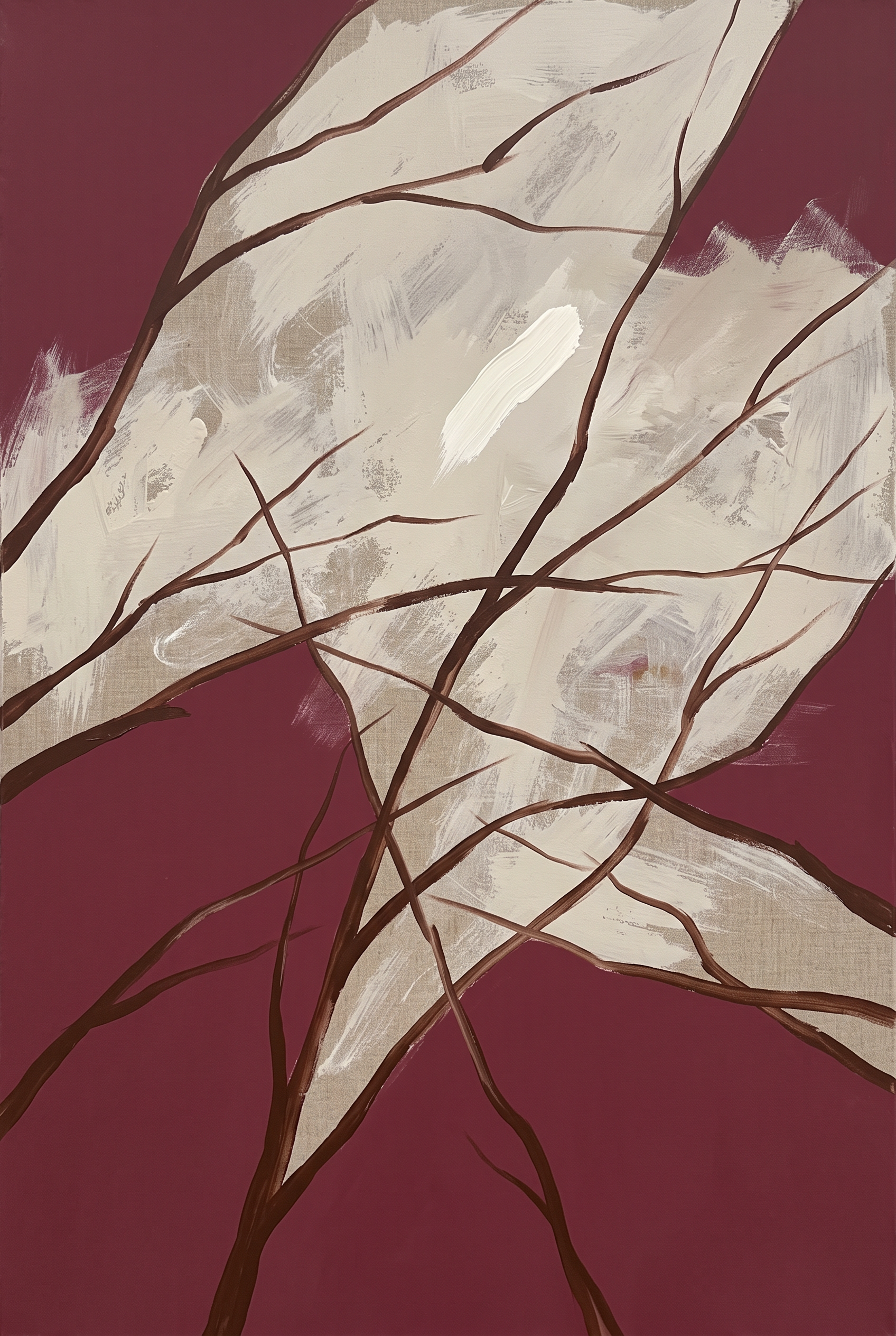 Winter Branches - grafische wintertakken op bordeauxrood, Wandkraft