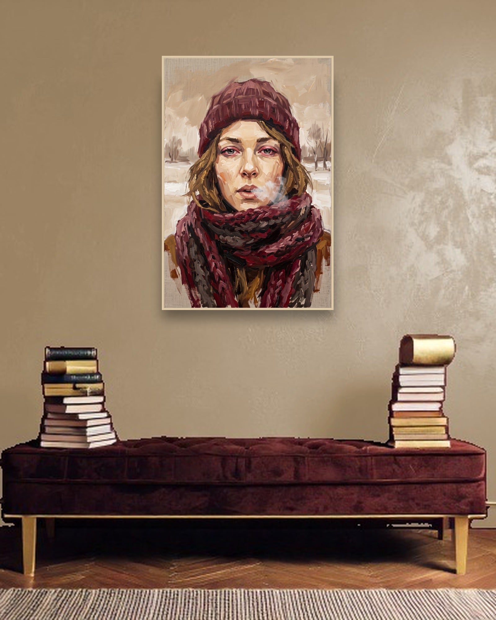 Winter's Breath Stimmungsbild mit hellem Holzrahmen im modernen Interieur